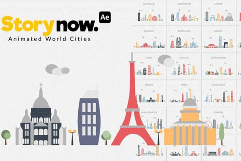 AE/PR模板-38组二维扁平化城市建筑图形MG动画 Story Now Animated World Cities