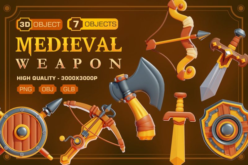 5个卡通中世纪武器3D游戏插图模型素材包 (OBJ,PNG) medieval-weapon-3d-illustration-pack