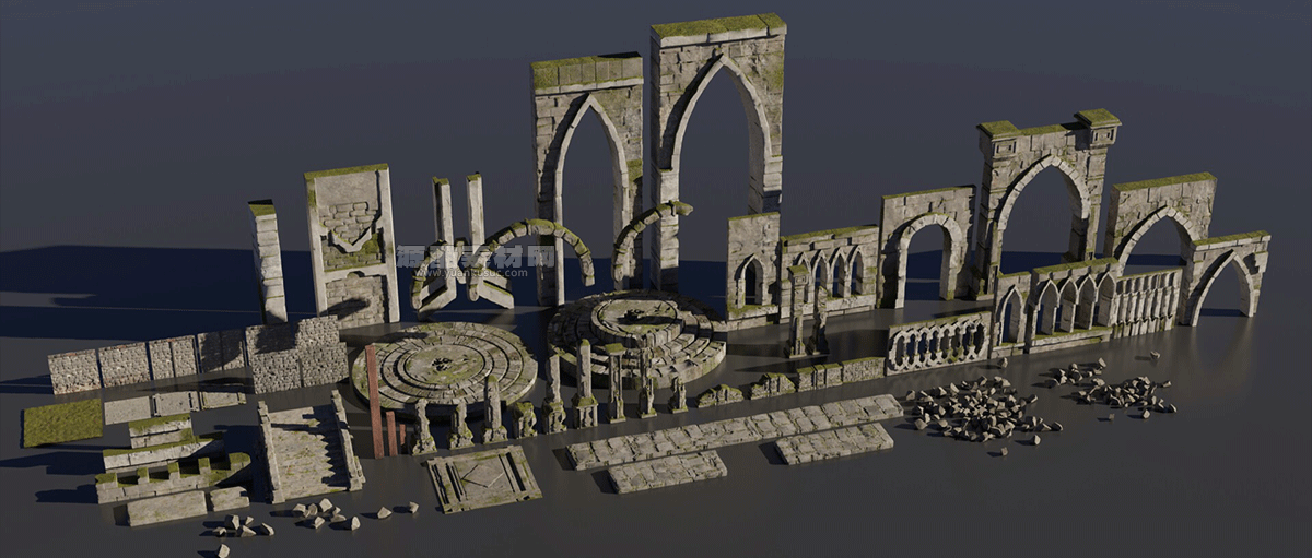 中世纪城堡遗迹建筑模型3D模型资产 (Blender) Medieval Fantasy Kitbash