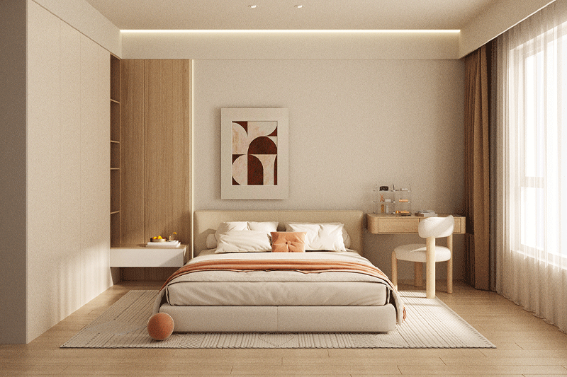 C4D工程-奶油风室内卧室场景渲染工程室内场景C4D模型