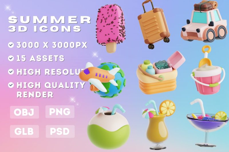 15个夏季卡通主题元素3D图标模型素材 (OBJ,PNG) ib-summer-3d-icon
