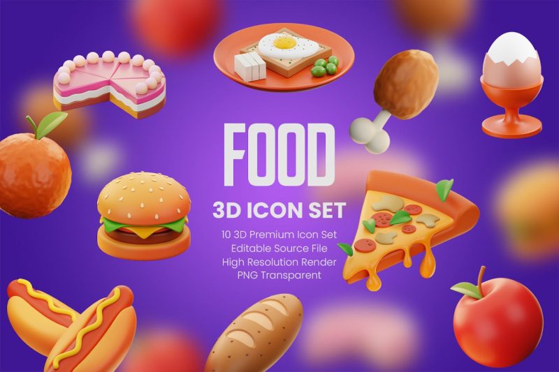 10个卡通食品3D图标模型素材集 (blend,PNG) food-3d-icon-set
