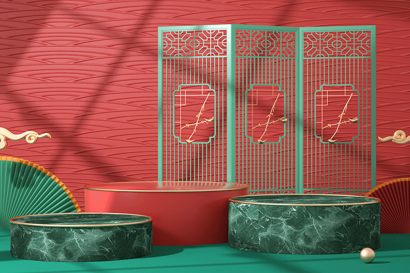 C4D工程-红绿撞色中国风海报电商展台渲染工程电商展台C4D模型
