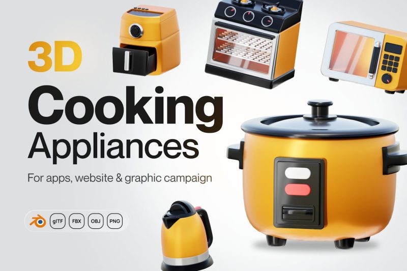 厨房烹饪用具电器3D图标模型素材集 (,Blend,FBX,OBJ,PNG) homy-cooking-appliances-3d-icon-set