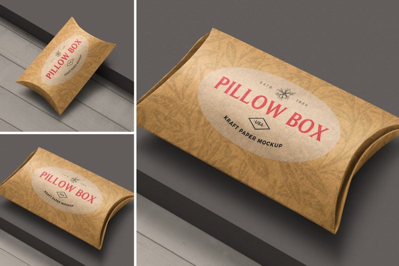 牛皮纸枕盒样机素材 (PSD) kraft-paper-pillow-box-mockup