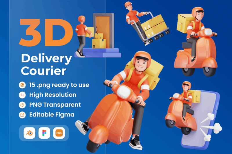 15个卡通快递员/外卖小哥骑电瓶车3D插图模型素材 (Blender,FIG,PNG) delivery-courier-3d-illustration