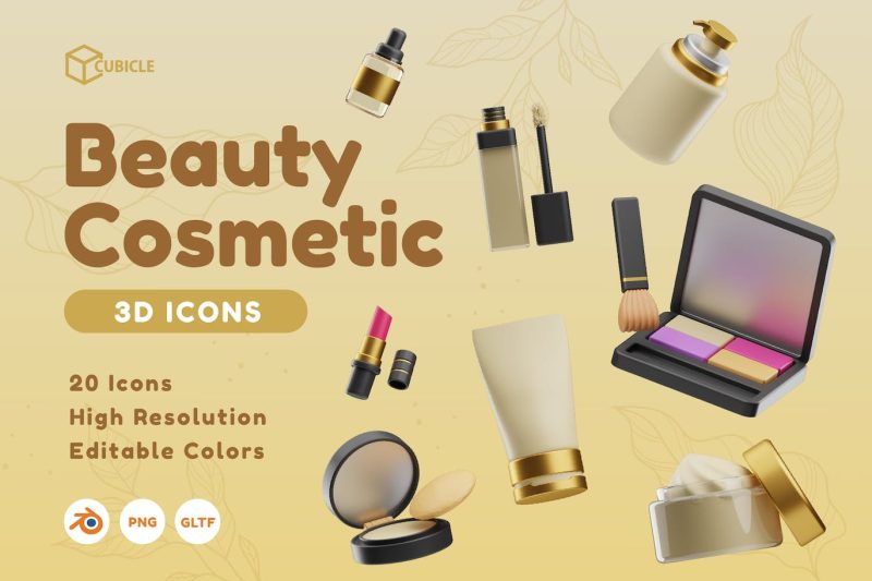 护肤品化妆品3D图标模型素材合集 (BLEND,GLTF&PNG) cubicle-beauty-cosmetics-3d-icons