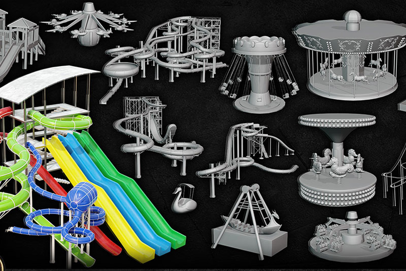30个摩天轮滑梯旋转木马等模型游乐场设备3D模型 (C4D,FBX,OBJ,Blender)