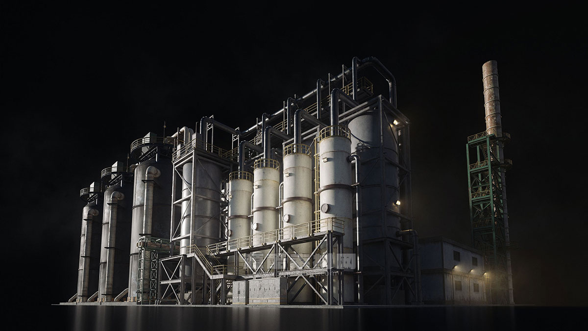 重工业反应堆建筑烟囱管道油井架模型3D模型 KitBash3D – Refineries