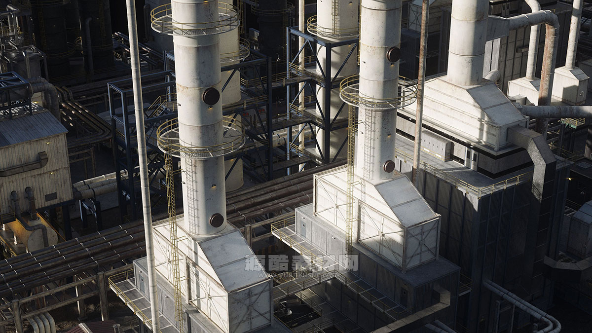 重工业反应堆建筑烟囱管道油井架模型3D模型 KitBash3D – Refineries