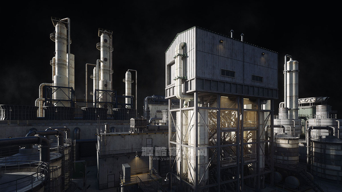 重工业反应堆建筑烟囱管道油井架模型3D模型 KitBash3D – Refineries