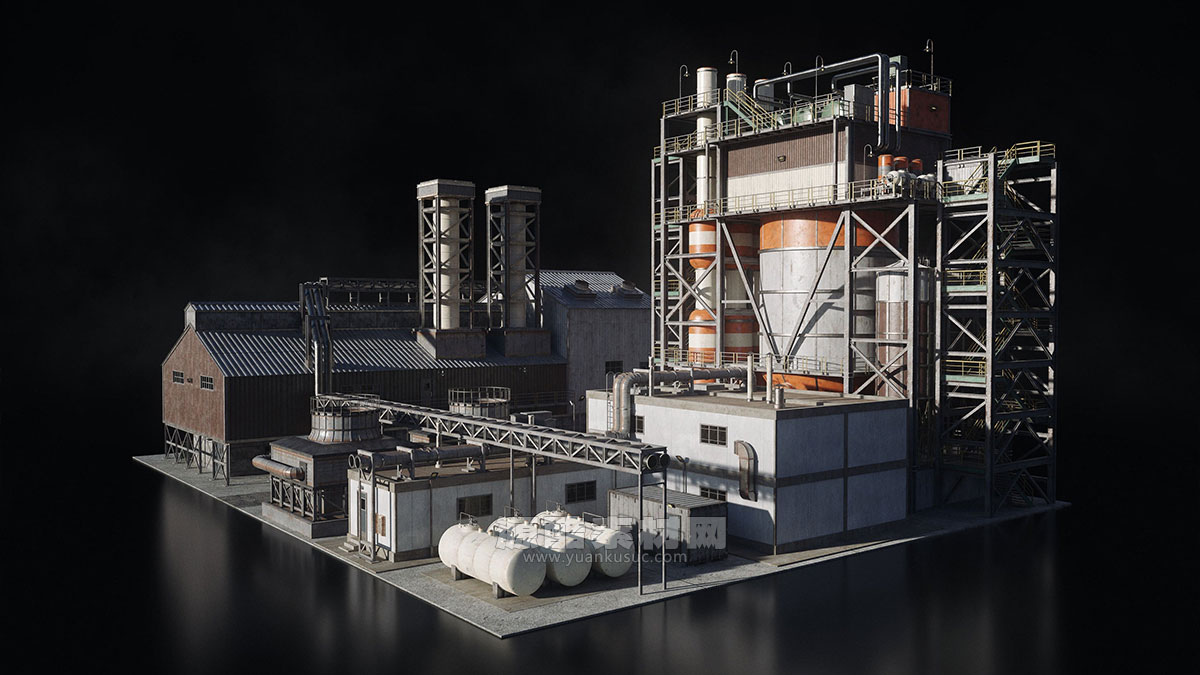 重工业反应堆建筑烟囱管道油井架模型3D模型 KitBash3D – Refineries