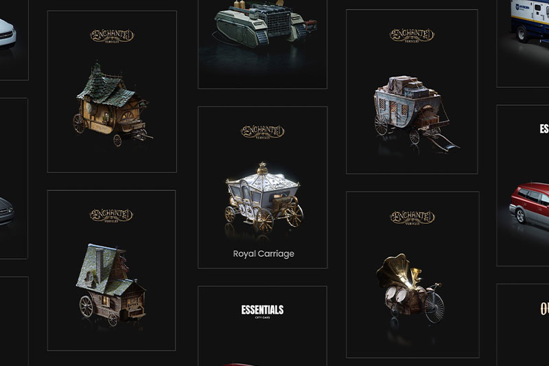 童话冒险奇幻乌托邦风格交通工具模型3D模型 KitBash3D Enchanted Vehicles