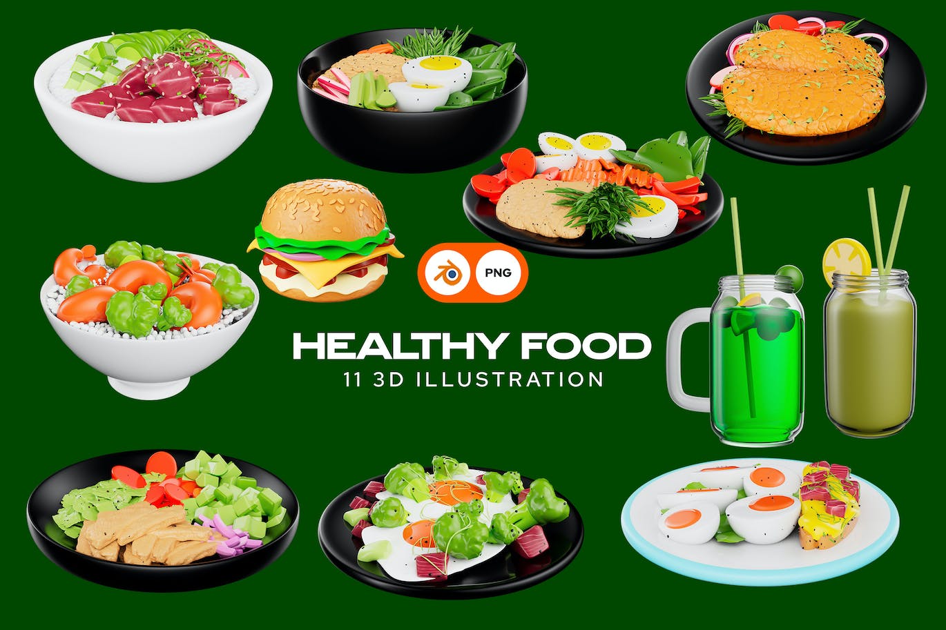 健康食品3D插图模型素材包 (OBJ,PNG) healthy-food-3d-illustration-pack