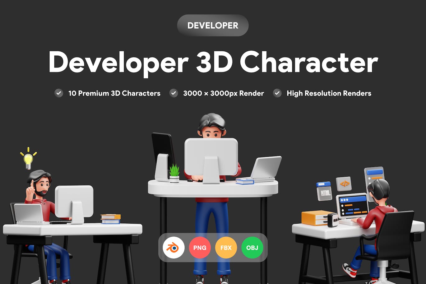10个卡通开发者3D角色模型素材 (PNG,Blend,OBJ,FBX)