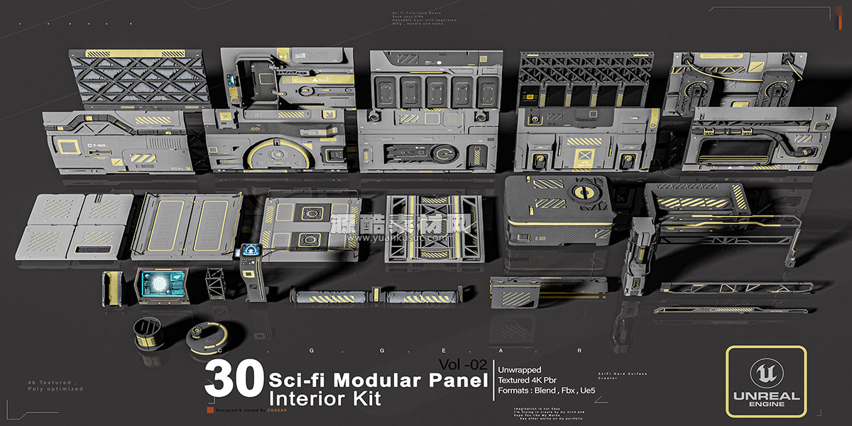 赛博朋克科幻环境面板套件3D模型 (Blender,FBX,UE) Sci-Fi Modular Panel Kit Vol -2