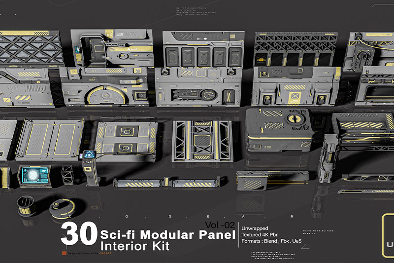 赛博朋克科幻环境面板套件3D模型 (Blender,FBX,UE) Sci-Fi Modular Panel Kit Vol -2