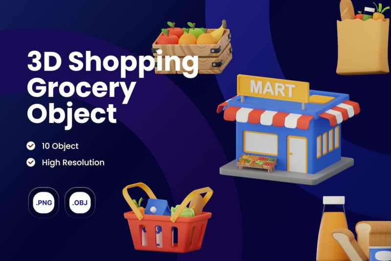 3D图标购物杂货插图模型素材集 (OBJ,PNG) 3d-icon-shopping-grocery-illustration-collection