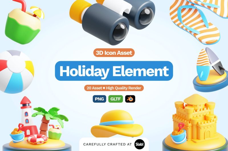 20个3D夏日卡通假日元素图标模型素材 (Blend,PNG) 3d-holiday-element-icon
