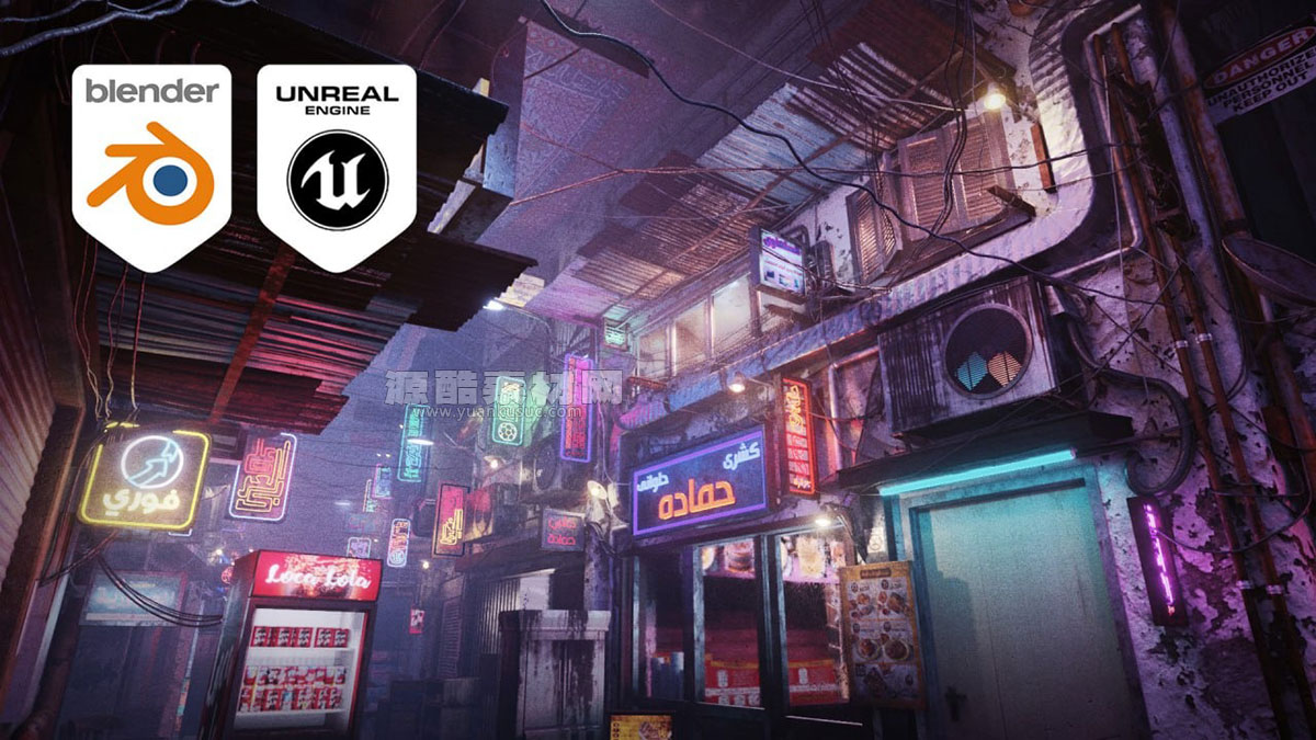 埃及开罗市赛博朋克霓虹灯街道场景模型3D模型 (Blender/UE格式) Cairo City Cyberpunk Streets – Animated Neon Signs – Day And Night – Egyptian Cyberpunk