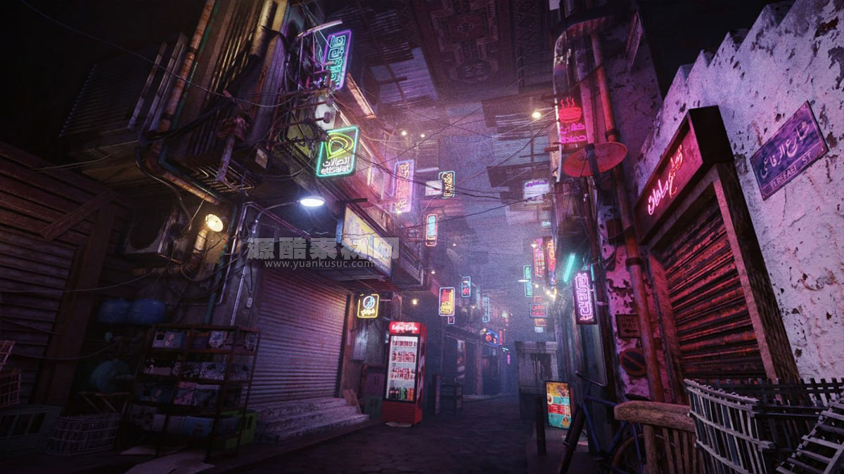 埃及开罗市赛博朋克霓虹灯街道场景模型3D模型 (Blender/UE格式) Cairo City Cyberpunk Streets – Animated Neon Signs – Day And Night – Egyptian Cyberpunk