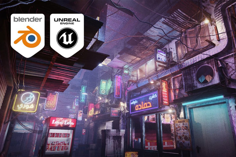 埃及开罗市赛博朋克霓虹灯街道场景模型3D模型 (Blender/UE格式) Cairo City Cyberpunk Streets – Animated Neon Signs – Day And Night – Egyptian Cyberpunk