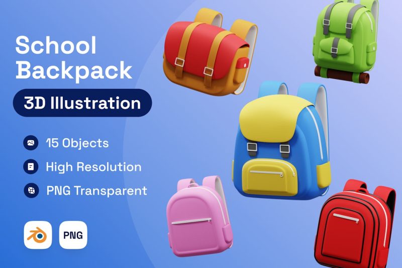 15个卡通背包3D插图模型素材 (Blend,PNG) school-backpack-3d-illustration