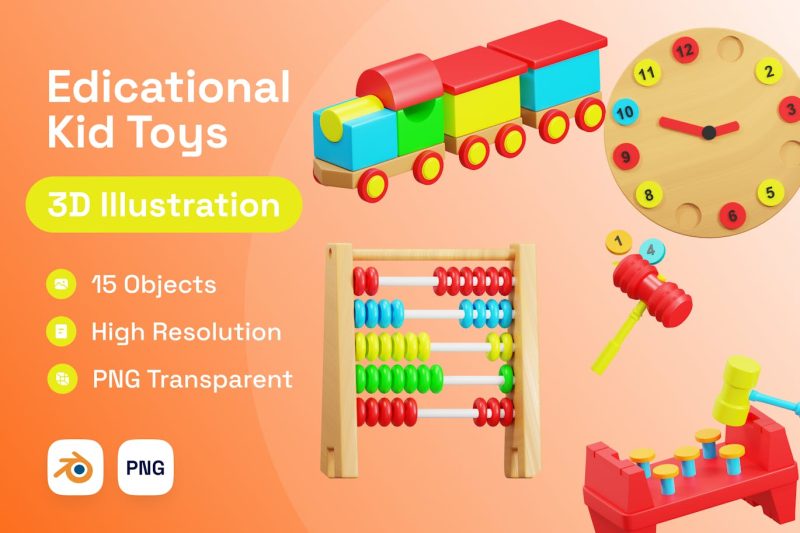 15个卡通儿童教育玩具3D插图模型素材 (Blend,PNG) kid-education-toys-3d-illustration
