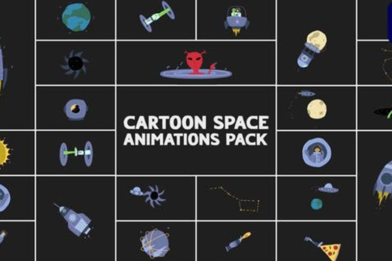 AE/PR模板-25个卡通空间飞行火箭外星人行星动画包 Cartoon Space Animations Pack
