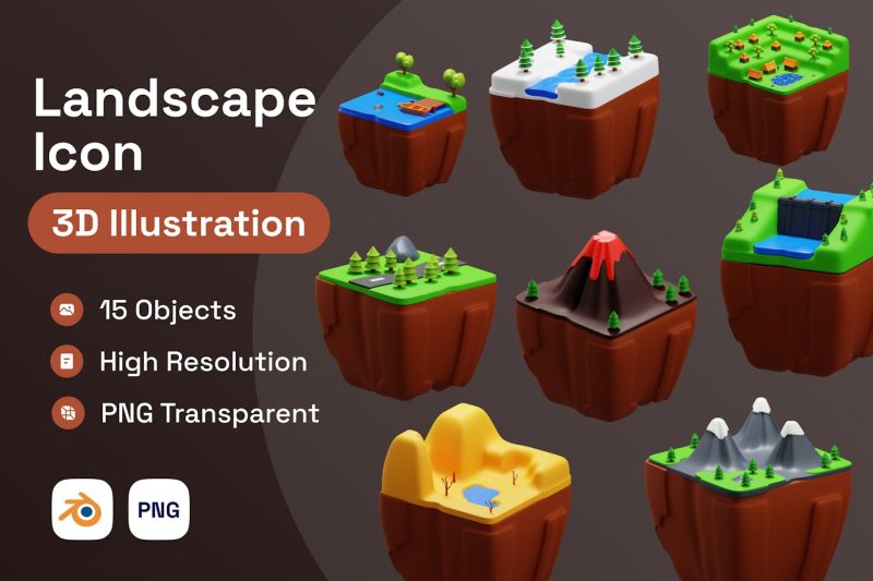 15个卡通景观图标插图3D模型素材 (Blend,PNG) landscape-icon-3d-illustration