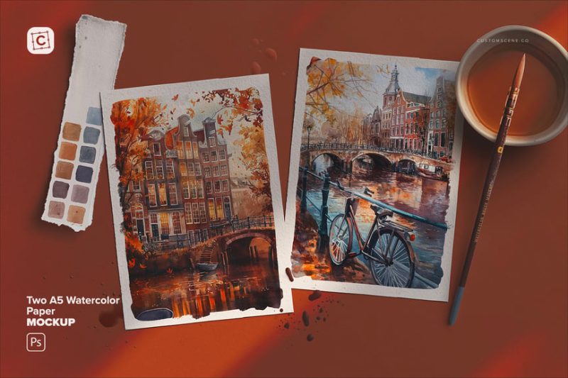 两张 A5 水彩纸样机素材 (PSD) two-a5-watercolor-paper-mockup