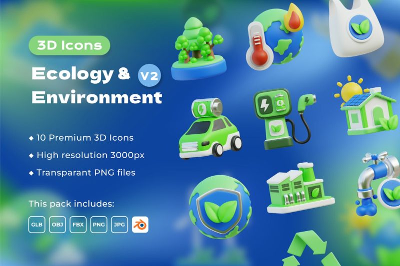 10个卡通生态与环境3D图标模型素材 (Blend,OBJ,FBX,PNG) ecology-and-environment-3d-icons-vol-2