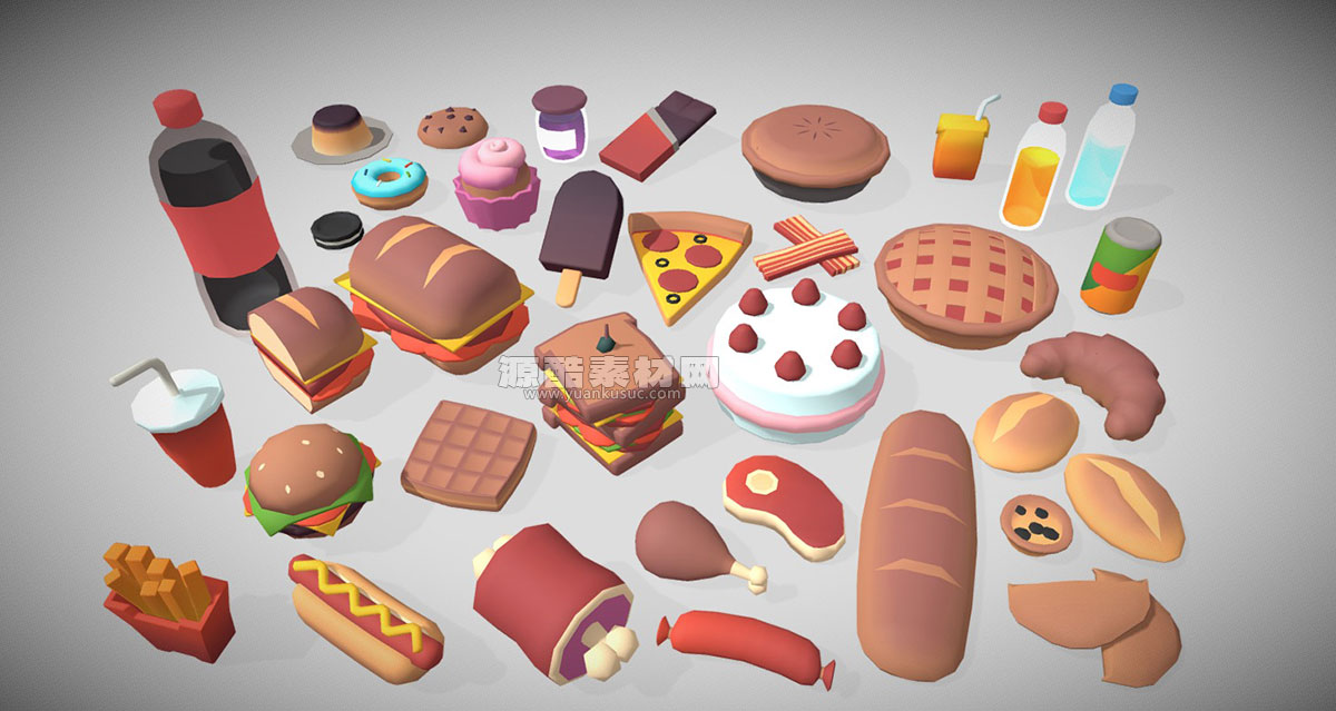 低多边形卡通漫画食物美食模型3D模型 (Blender/FBX格式) Stylized Low Poly Food Pack 01