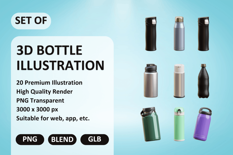 瓶子杯子插图3D模型素材 (Blend,GLB,PNG)3d-bottle-illustration