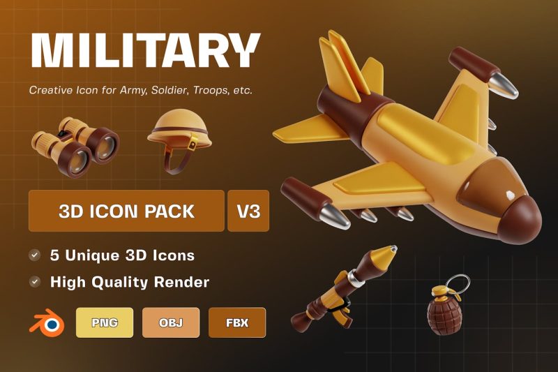 军事模型3D插图模型素材包V3 (OBJ,FBX,Blend,PNG) military-3d-illustration-pack-v3
