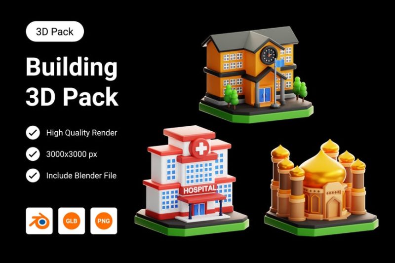 建筑插图3D模型素材 (Blend,PNG) building-3d-illustration