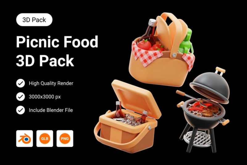 卡通野餐食品3D模型素材 (Blend) picnic-food-3d-illustration