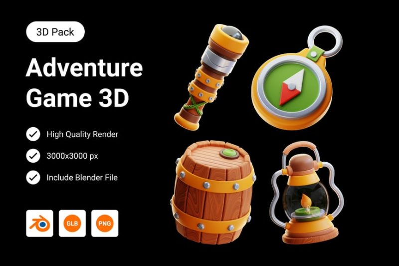冒险游戏3D插画模型素材 (Blend,PNG) adventure-game-3d-illustration