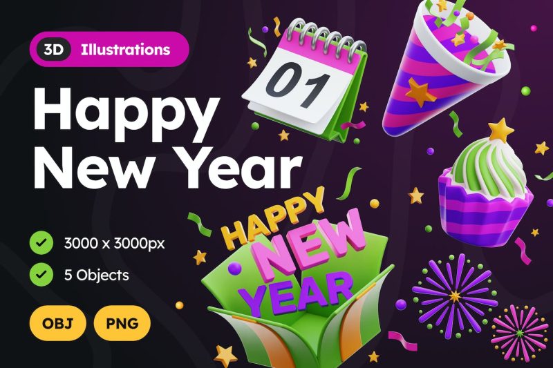 卡通新年快乐图标3D模型素材 (OBJ,PNG) 3d-happy-new-year-illustration