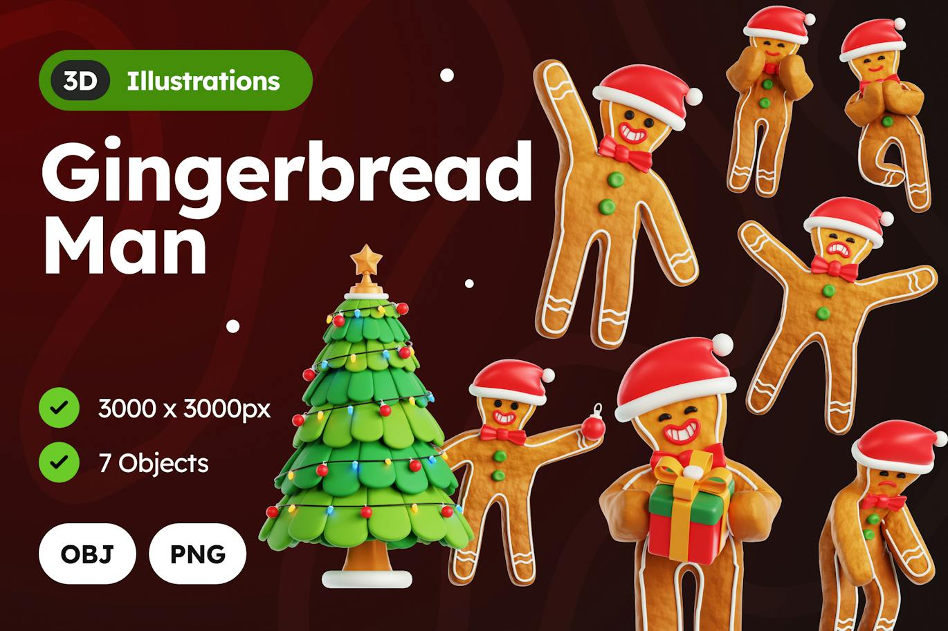 圣诞节姜饼人3D模型素材 (OBJ,PNG) 3d-gingerbread-man-illustration