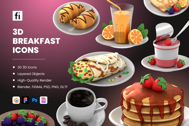 卡通早餐图标3D模型素材集 (Blend,GLTF,FIG,PNG,PSD) 3d-morning-meal-icon-set