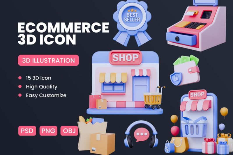 电子商务3D图标模型素材 (Blend,OBJ,PNG) e-commerce-3d-icon