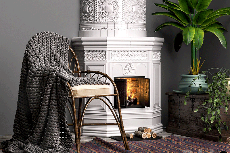 壁炉模型藤椅毯子模型落地盆栽3D模型 (C4D,FBX,Blend)