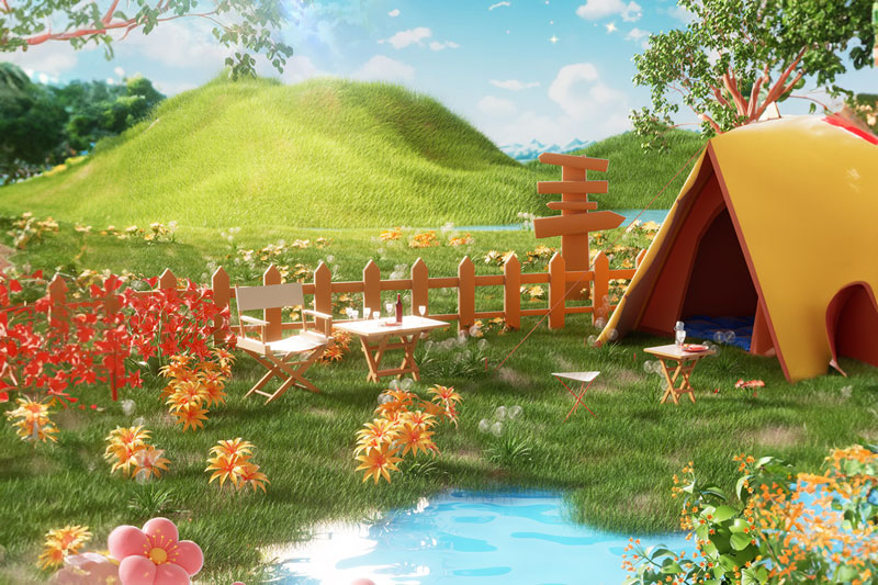C4D户外露营旅游踏青场景渲染工程草地场景C4D模型