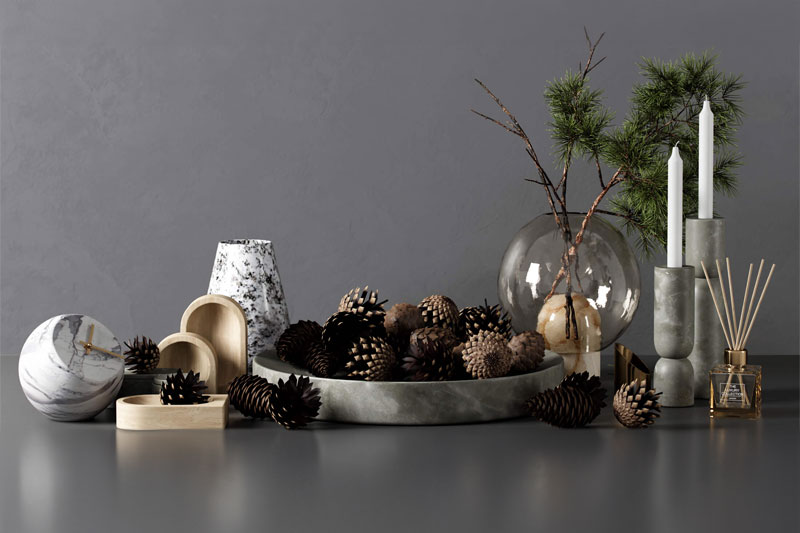 松果松树枝的装饰组合3D模型 (C4D,OBJ,FBX,MAX)