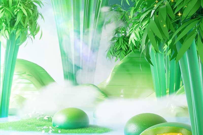 C4D简约中国风竹林青团场景渲染工程竹林场景C4D模型