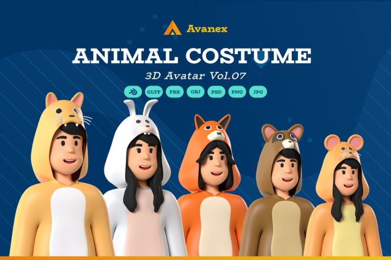 动物服装3D图标模型素材 Vol.07 (Blend,FBX,OBJ,JPG,PNG,PSD) animal-costume-vol-07