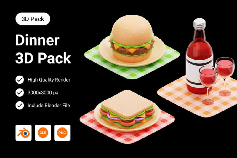 晚餐食物3D插图模型素材 (Blend,PNG) dinner-food-3d-illustration