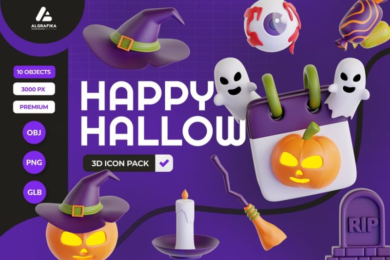万圣节快乐图标3D模型素材 (OBJ,PNG) happy-halloween-3d-icon