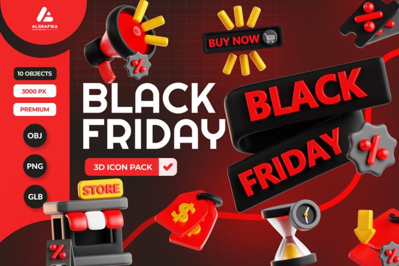 黑色星期五销售图标3D模型素材 (OBJ,PNG) black-friday-sale-3d-icon